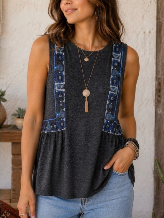 Free People Tops - Free People Marcy Tank Charcoal Gray Blue Embroidered Details Boho Shirt Sz SM